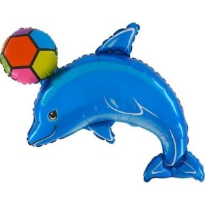 Balon Folie Figurina Delfin azuriu cu minge,82cm